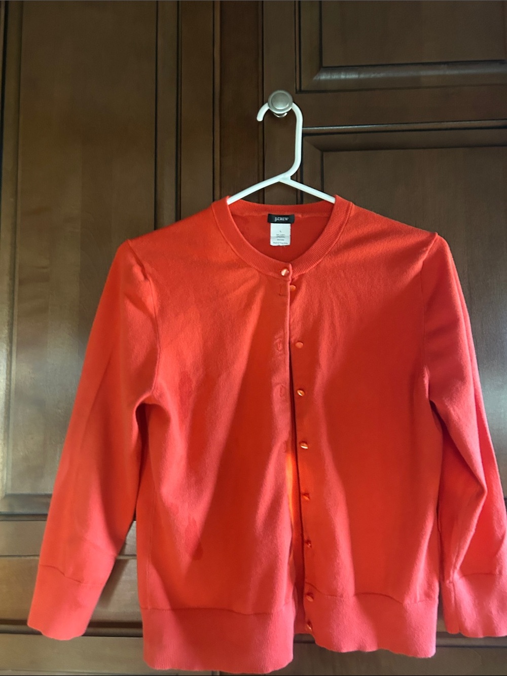 Vintage J. Crew Orange Button-Front Crewneck Cardigan.  3/4 length sleeves